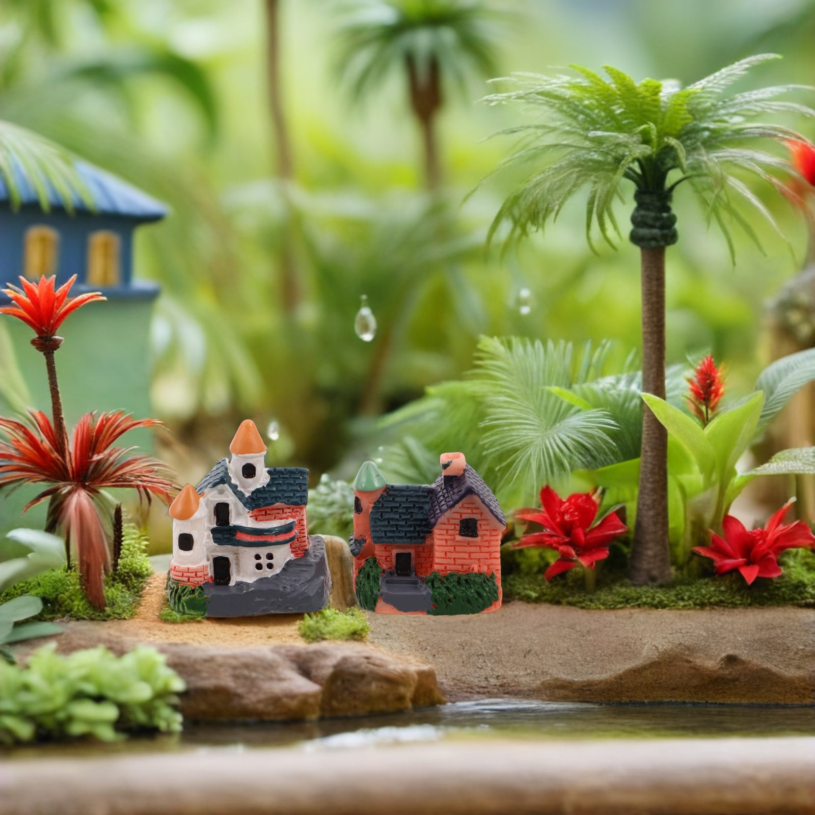 Bonsai Garden Display - 2Pcs Miniature Resin Chinese Architecture Style